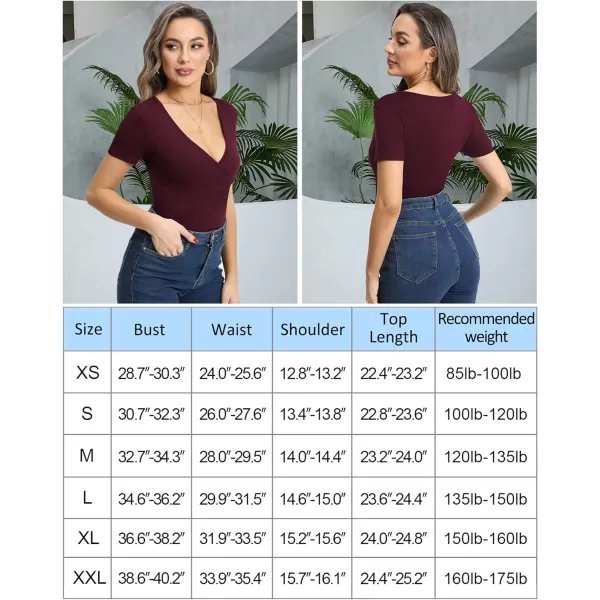 MANGOPOP Womens Cross Wrap Plunge Sexy Deep V Neck Long Sleeve Short Sleeve T Shirt Tops Tee Casual for Going OutShort Sleeve Burgundy