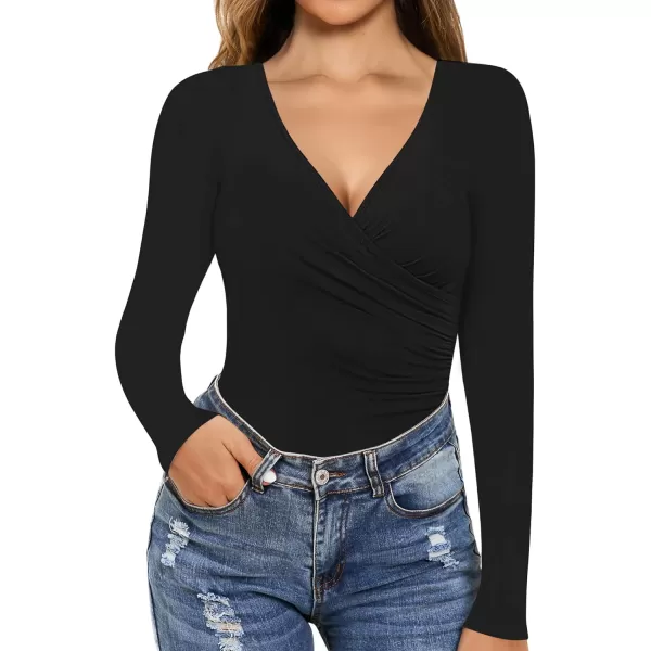 MANGOPOP Womens Cross Wrap Ruched Plunge Neck Deep V Long Sleeve Short Sleeve BodysuitsA Long Sleeve Black