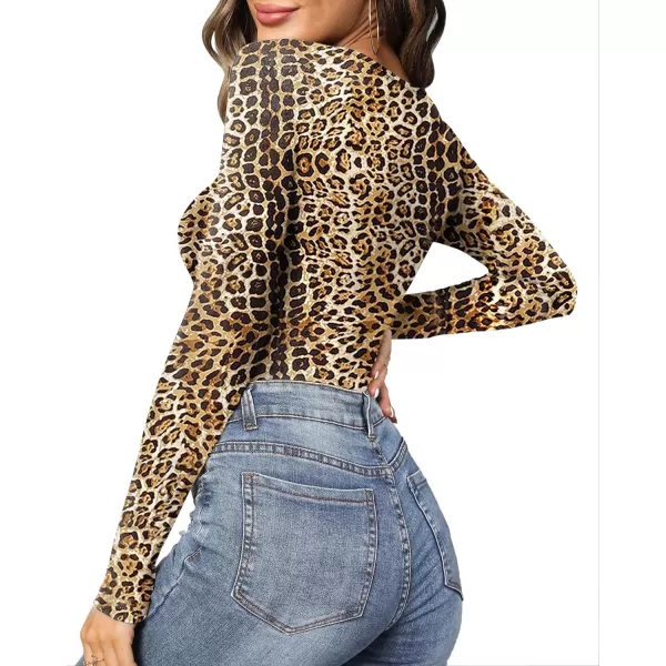 MANGOPOP Womens Cross Wrap Ruched Plunge Neck Deep V Long Sleeve Short Sleeve BodysuitsLong Sleeve 3leopard