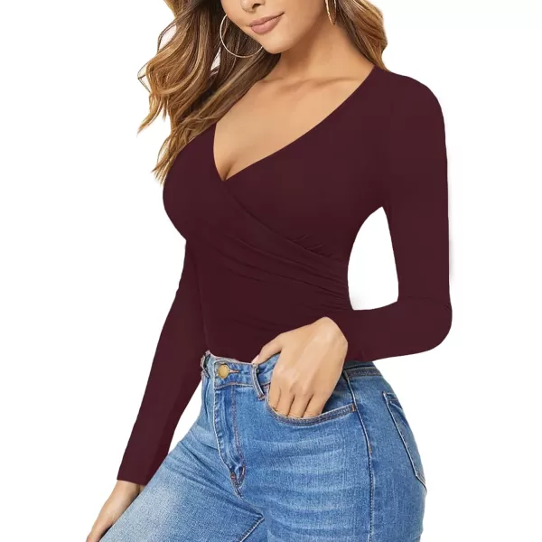 MANGOPOP Womens Cross Wrap Ruched Plunge Neck Deep V Long Sleeve Short Sleeve BodysuitsLong Sleeve Burgundy