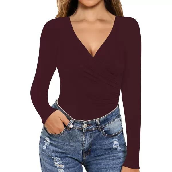 MANGOPOP Womens Cross Wrap Ruched Plunge Neck Deep V Long Sleeve Short Sleeve BodysuitsLong Sleeve Burgundy