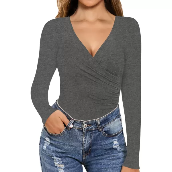 MANGOPOP Womens Cross Wrap Ruched Plunge Neck Deep V Long Sleeve Short Sleeve BodysuitsLong Sleeve Dark Heather Grey