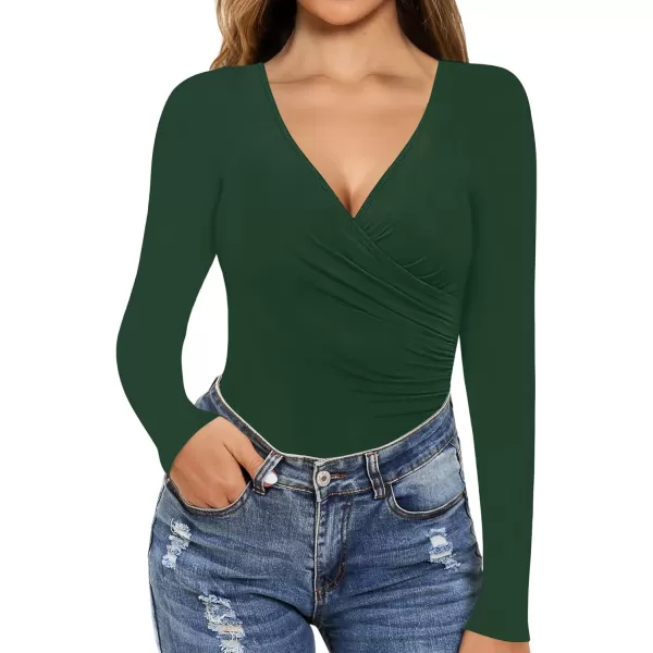 MANGOPOP Womens Cross Wrap Ruched Plunge Neck Deep V Long Sleeve Short Sleeve BodysuitsLong Sleeve Deep Green