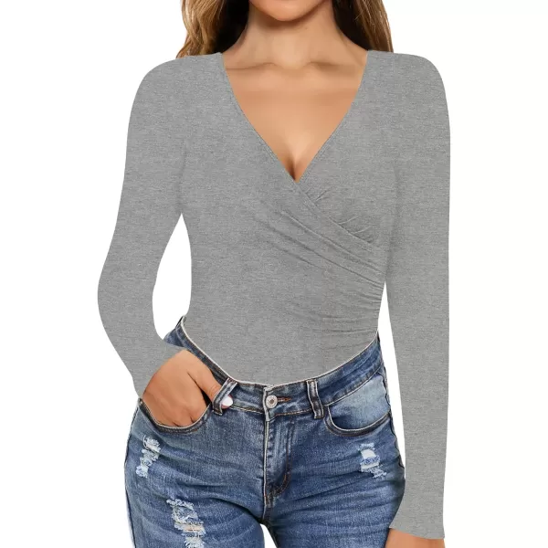 MANGOPOP Womens Cross Wrap Ruched Plunge Neck Deep V Long Sleeve Short Sleeve BodysuitsLong Sleeve Light Heather Grey