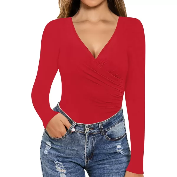 MANGOPOP Womens Cross Wrap Ruched Plunge Neck Deep V Long Sleeve Short Sleeve BodysuitsLong Sleeve Red