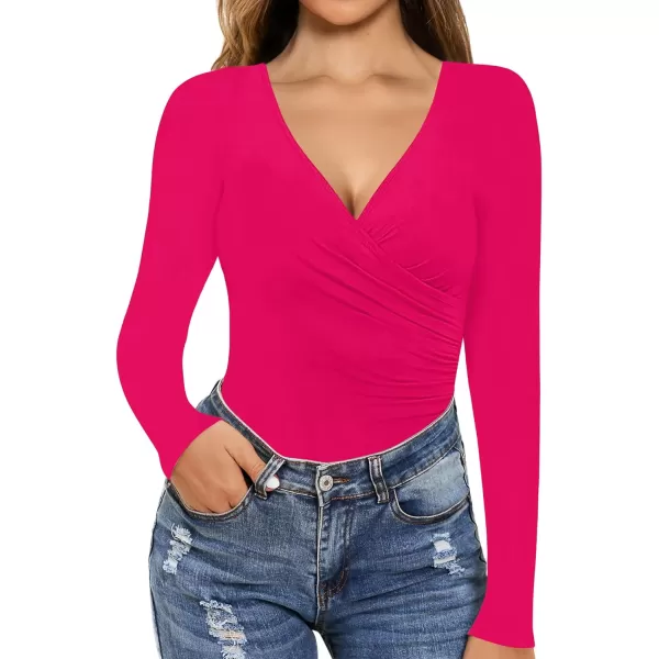 MANGOPOP Womens Cross Wrap Ruched Plunge Neck Deep V Long Sleeve Short Sleeve BodysuitsLong Sleeve Rose Pink