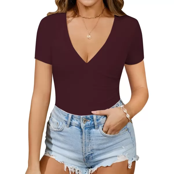 MANGOPOP Womens Cross Wrap Ruched Plunge Neck Deep V Long Sleeve Short Sleeve BodysuitsShort Sleeve Burgundy