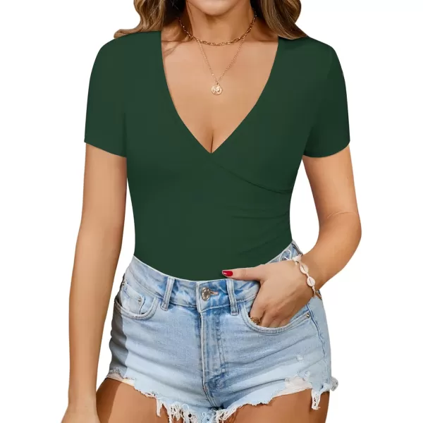 MANGOPOP Womens Cross Wrap Ruched Plunge Neck Deep V Long Sleeve Short Sleeve BodysuitsShort Sleeve Deep Green