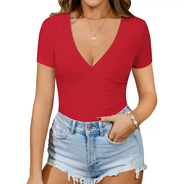 MANGOPOP Womens Cross Wrap Ruched Plunge Neck Deep V Long Sleeve Short Sleeve BodysuitsShort Sleeve Red