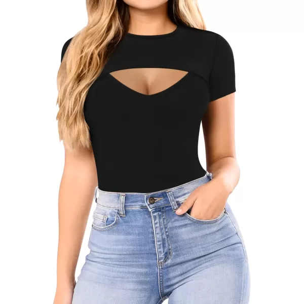 MANGOPOP Womens Cutout Front T Shirt Sleeveless Long Sleeve Short Sleeve Bodysuit JumpsuitsA Short Sleeve Black Vshape