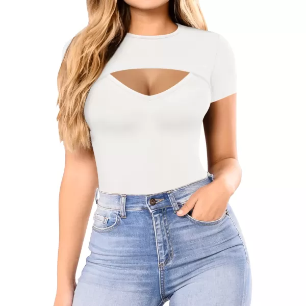 MANGOPOP Womens Cutout Front T Shirt Sleeveless Long Sleeve Short Sleeve Bodysuit JumpsuitsA Short Sleeve White Vshape