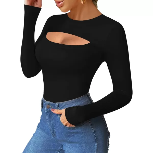 MANGOPOP Womens Cutout Front T Shirt Sleeveless Long Sleeve Short Sleeve Bodysuit JumpsuitsB Long Sleeve Black Round Neck