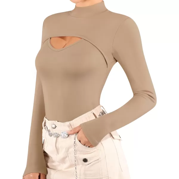 MANGOPOP Womens Cutout Front T Shirt Sleeveless Long Sleeve Short Sleeve Bodysuit JumpsuitsC Long Sleeve Mocha