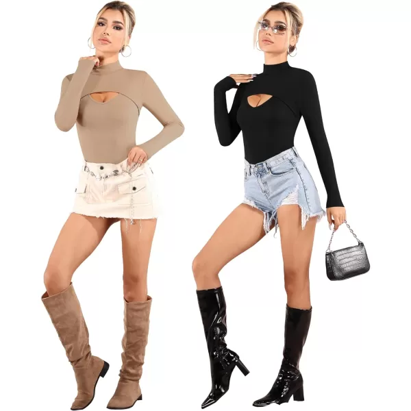 MANGOPOP Womens Cutout Front T Shirt Sleeveless Long Sleeve Short Sleeve Bodysuit JumpsuitsC Long Sleeve Mocha