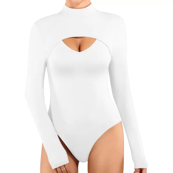 MANGOPOP Womens Cutout Front T Shirt Sleeveless Long Sleeve Short Sleeve Bodysuit JumpsuitsC Long Sleeve White