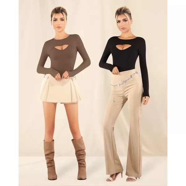 MANGOPOP Womens Cutout Front T Shirt Sleeveless Long Sleeve Short Sleeve Bodysuit JumpsuitsD Long Sleeve Coffee