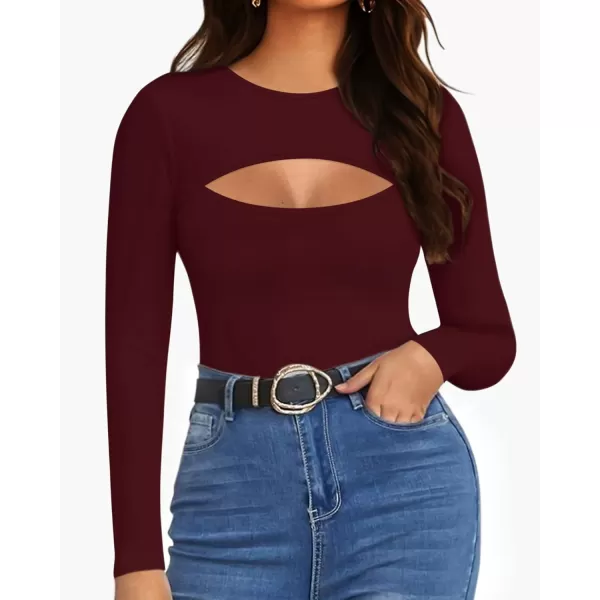 MANGOPOP Womens Cutout Front T Shirt Sleeveless Long Sleeve Short Sleeve Bodysuit JumpsuitsLong Sleeve Burgundy Round Neck