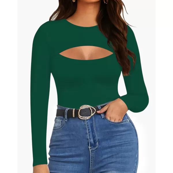 MANGOPOP Womens Cutout Front T Shirt Sleeveless Long Sleeve Short Sleeve Bodysuit JumpsuitsLong Sleeve Deep Green Round Neck