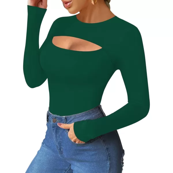 MANGOPOP Womens Cutout Front T Shirt Sleeveless Long Sleeve Short Sleeve Bodysuit JumpsuitsLong Sleeve Deep Green Round Neck