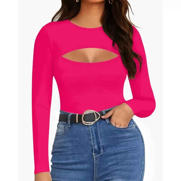 MANGOPOP Womens Cutout Front T Shirt Sleeveless Long Sleeve Short Sleeve Bodysuit JumpsuitsLong Sleeve Rose Pink