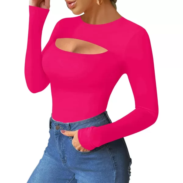 MANGOPOP Womens Cutout Front T Shirt Sleeveless Long Sleeve Short Sleeve Bodysuit JumpsuitsLong Sleeve Rose Pink