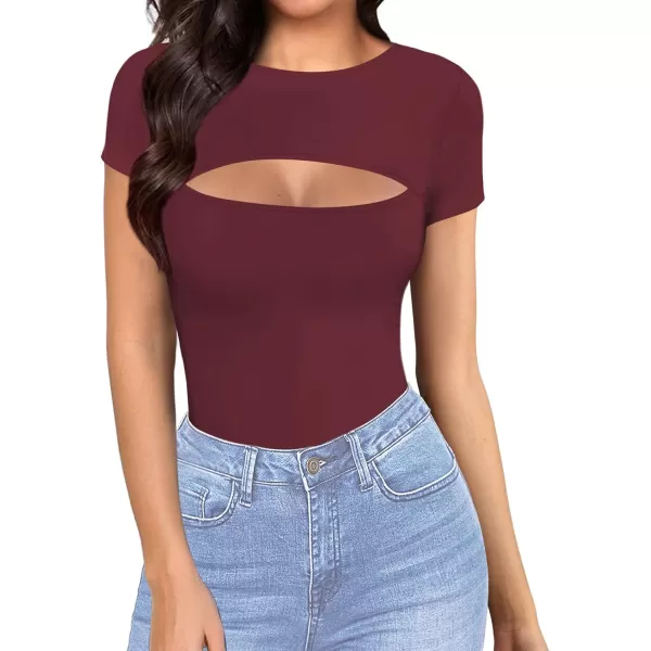 MANGOPOP Womens Cutout Front T Shirt Sleeveless Long Sleeve Short Sleeve Bodysuit JumpsuitsShort Sleeve Burgundy