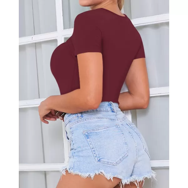 MANGOPOP Womens Cutout Front T Shirt Sleeveless Long Sleeve Short Sleeve Bodysuit JumpsuitsShort Sleeve Burgundy