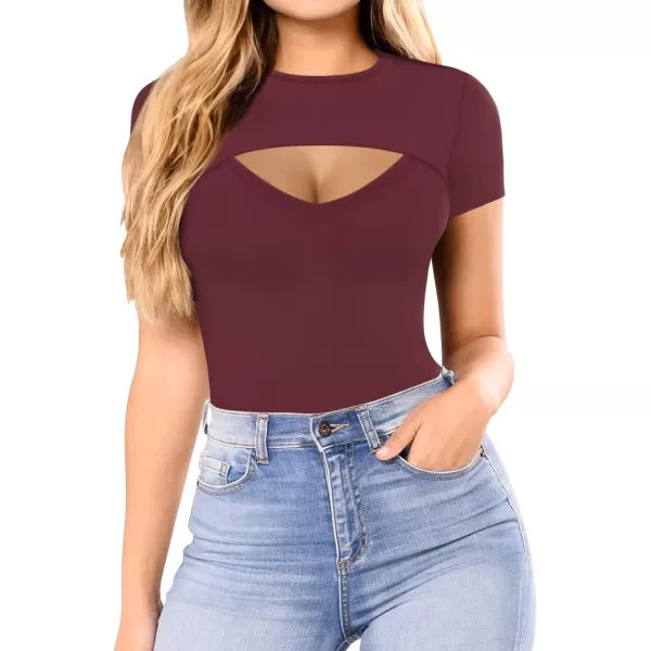 MANGOPOP Womens Cutout Front T Shirt Sleeveless Long Sleeve Short Sleeve Bodysuit JumpsuitsShort Sleeve Burgundy V Neck