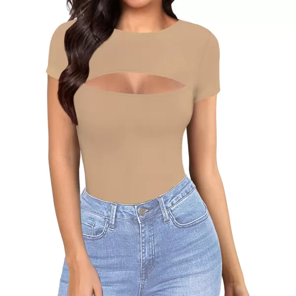 MANGOPOP Womens Cutout Front T Shirt Sleeveless Long Sleeve Short Sleeve Bodysuit JumpsuitsShort Sleeve Mocha