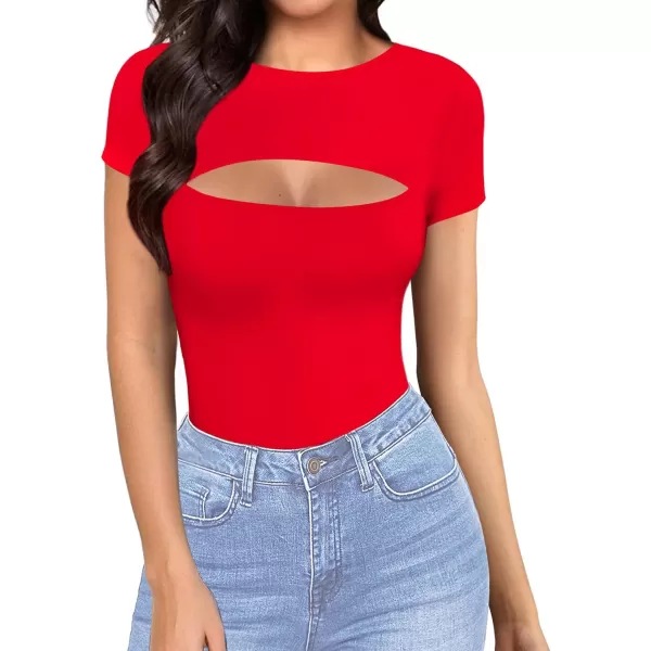 MANGOPOP Womens Cutout Front T Shirt Sleeveless Long Sleeve Short Sleeve Bodysuit JumpsuitsShort Sleeve Red