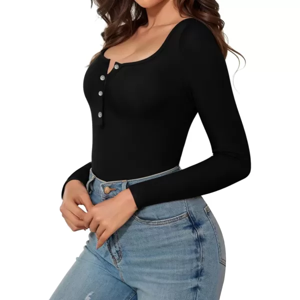 MANGOPOP Womens Henley Shirt Scoop Neck Button Down Ribbed Sleeveless Tank Top Long Sleeve Short Sleeve BodysuitsA Long Sleeve Black