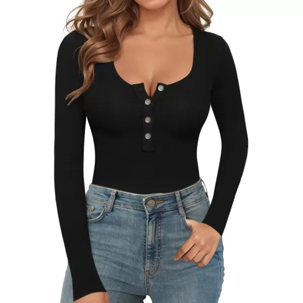 MANGOPOP Womens Henley Shirt Scoop Neck Button Down Ribbed Sleeveless Tank Top Long Sleeve Short Sleeve BodysuitsA Long Sleeve Black