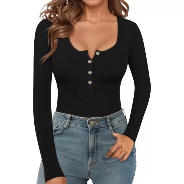 MANGOPOP Womens Henley Shirt Scoop Neck Button Down Ribbed Sleeveless Tank Top Long Sleeve Short Sleeve BodysuitsA1 Long Sleeve Black Fleece Lined