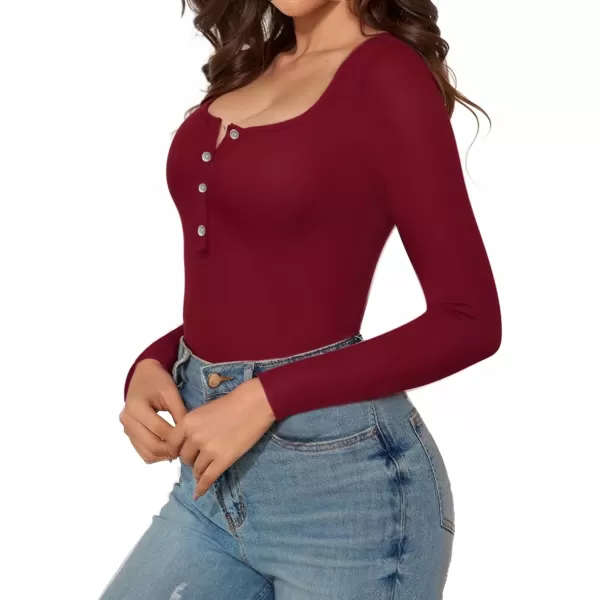 MANGOPOP Womens Henley Shirt Scoop Neck Button Down Ribbed Sleeveless Tank Top Long Sleeve Short Sleeve BodysuitsLong Sleeve Burgundy