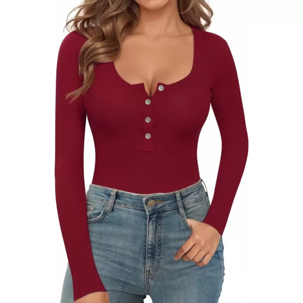 MANGOPOP Womens Henley Shirt Scoop Neck Button Down Ribbed Sleeveless Tank Top Long Sleeve Short Sleeve BodysuitsLong Sleeve Burgundy