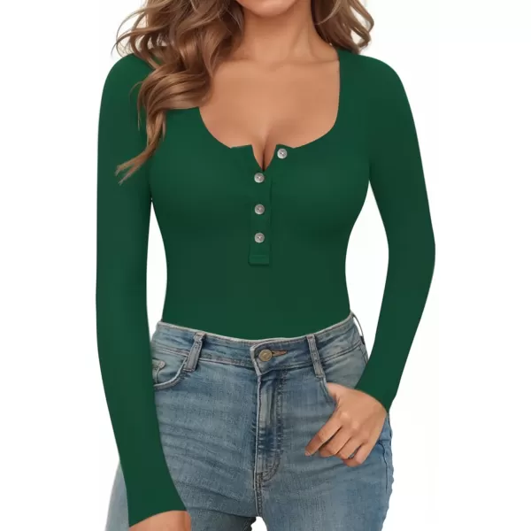 MANGOPOP Womens Henley Shirt Scoop Neck Button Down Ribbed Sleeveless Tank Top Long Sleeve Short Sleeve BodysuitsLong Sleeve Deep Green