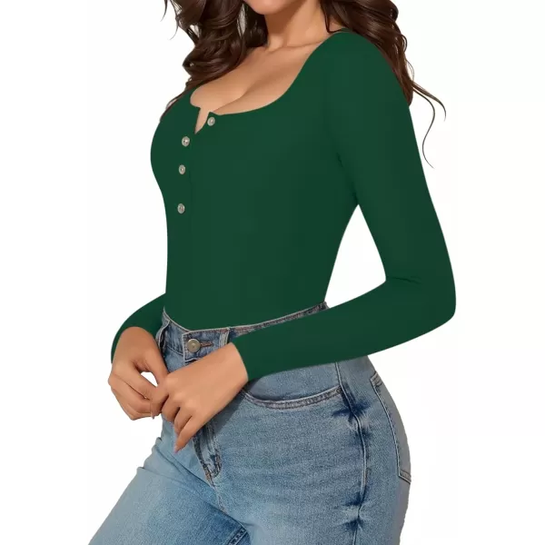 MANGOPOP Womens Henley Shirt Scoop Neck Button Down Ribbed Sleeveless Tank Top Long Sleeve Short Sleeve BodysuitsLong Sleeve Deep Green Fleece Lined