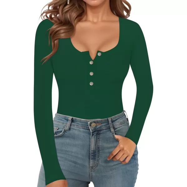 MANGOPOP Womens Henley Shirt Scoop Neck Button Down Ribbed Sleeveless Tank Top Long Sleeve Short Sleeve BodysuitsLong Sleeve Deep Green Fleece Lined