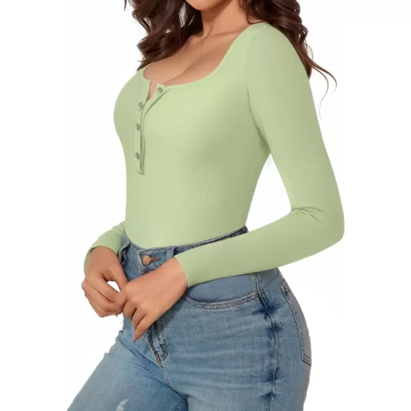 MANGOPOP Womens Henley Shirt Scoop Neck Button Down Ribbed Sleeveless Tank Top Long Sleeve Short Sleeve BodysuitsLong Sleeve Fern Green