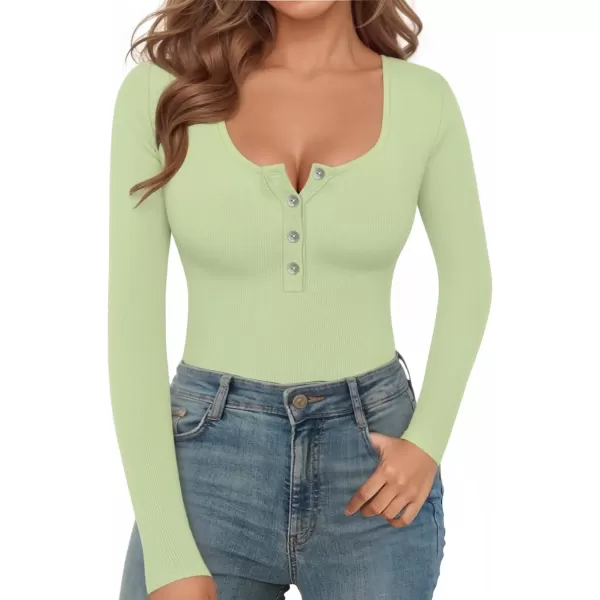 MANGOPOP Womens Henley Shirt Scoop Neck Button Down Ribbed Sleeveless Tank Top Long Sleeve Short Sleeve BodysuitsLong Sleeve Fern Green