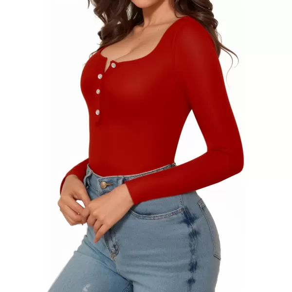 MANGOPOP Womens Henley Shirt Scoop Neck Button Down Ribbed Sleeveless Tank Top Long Sleeve Short Sleeve BodysuitsLong Sleeve Red