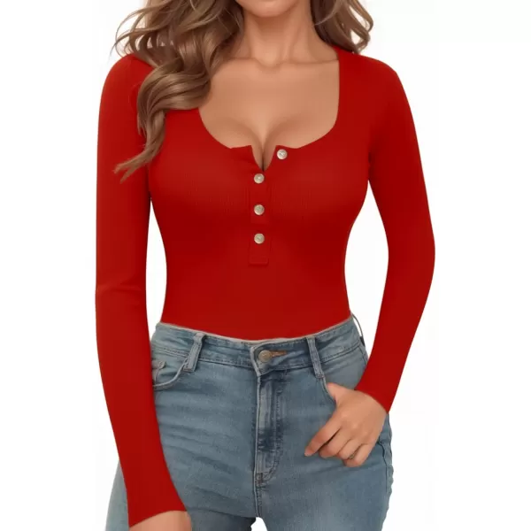 MANGOPOP Womens Henley Shirt Scoop Neck Button Down Ribbed Sleeveless Tank Top Long Sleeve Short Sleeve BodysuitsLong Sleeve Red