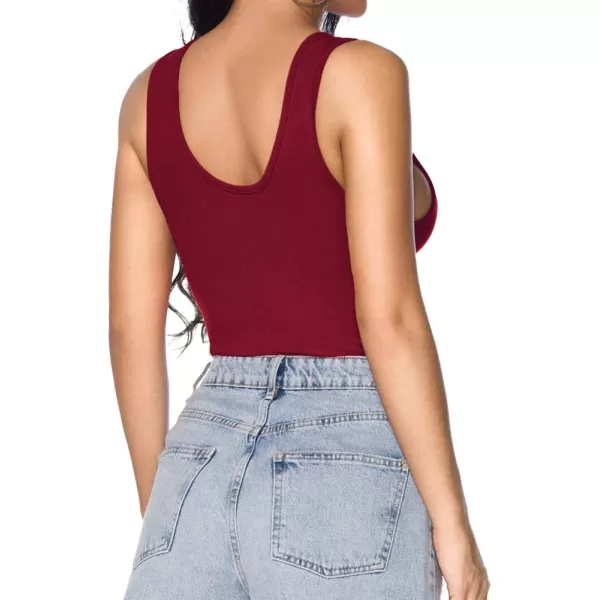 MANGOPOP Womens Henley Shirt Scoop Neck Button Down Ribbed Sleeveless Tank Top Long Sleeve Short Sleeve BodysuitsSleeveless Burgundy