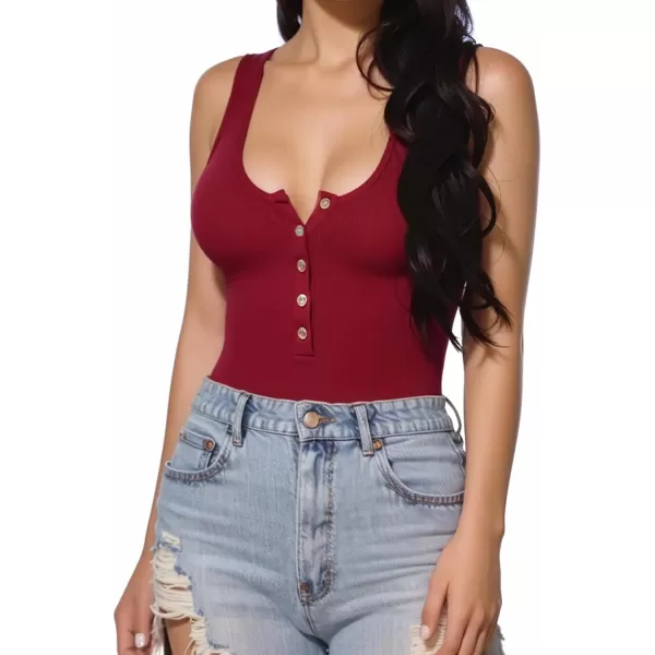 MANGOPOP Womens Henley Shirt Scoop Neck Button Down Ribbed Sleeveless Tank Top Long Sleeve Short Sleeve BodysuitsSleeveless Burgundy