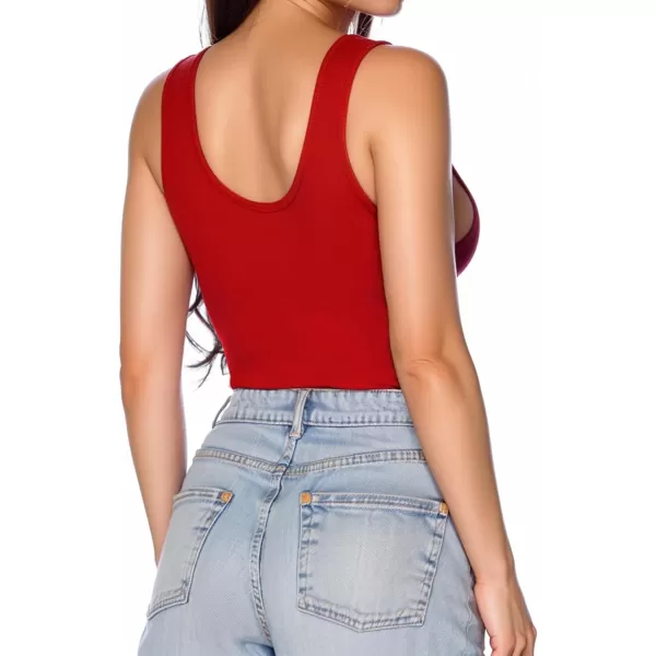 MANGOPOP Womens Henley Shirt Scoop Neck Button Down Ribbed Sleeveless Tank Top Long Sleeve Short Sleeve BodysuitsSleeveless Red