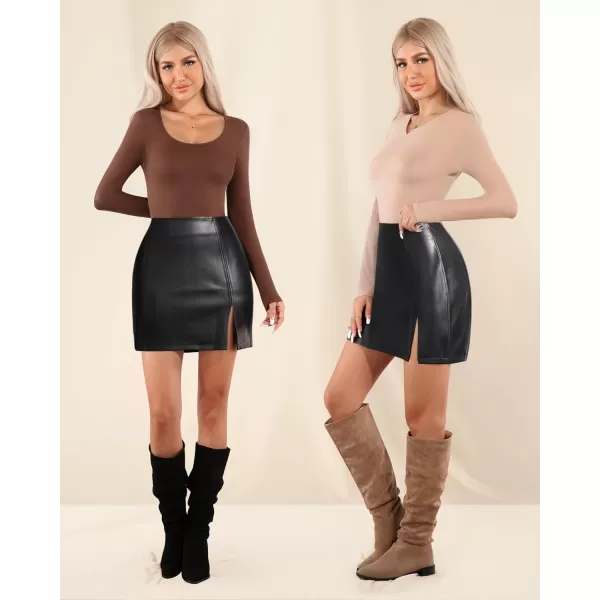 MANGOPOP Womens High Waist Bodycon Mini Short Faux Leather Skirt with SlitA1 Black Fleece Lined