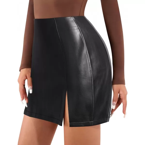 MANGOPOP Womens High Waist Bodycon Mini Short Faux Leather Skirt with SlitA1 Black Fleece Lined