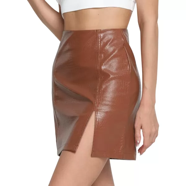 MANGOPOP Womens High Waist Bodycon Mini Short Faux Leather Skirt with SlitBrown Snakeskin