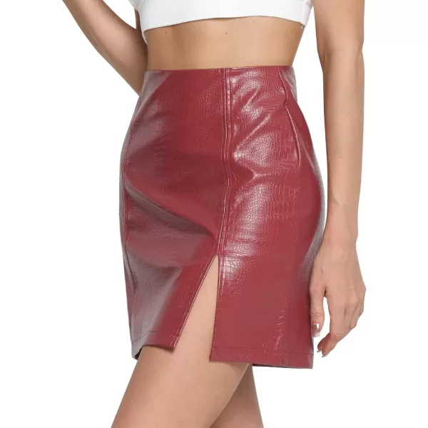 MANGOPOP Womens High Waist Bodycon Mini Short Faux Leather Skirt with SlitWine Red Snakeskin