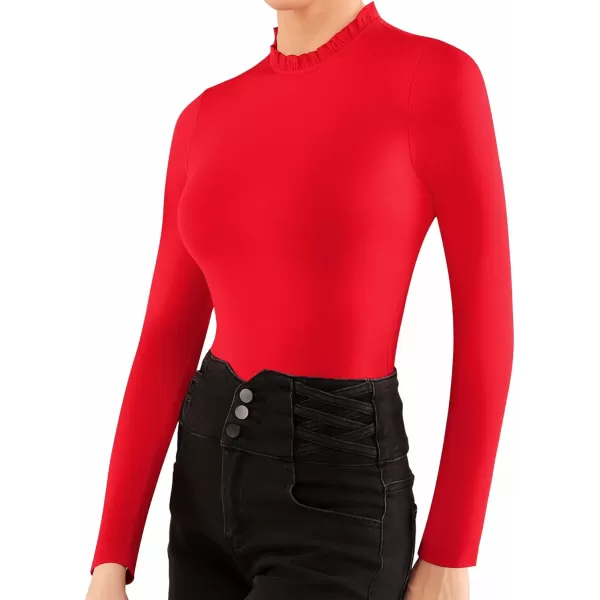 MANGOPOP Womens Long Sleeve Body Suits Womens Ruffle Crew Neck Bodysuit Tops for Women Fitted Going Out Body Suit ShirtsRed